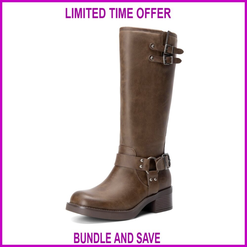 Women's Knee High Combat Boots with Buckles Chunky Heel Side Zipper